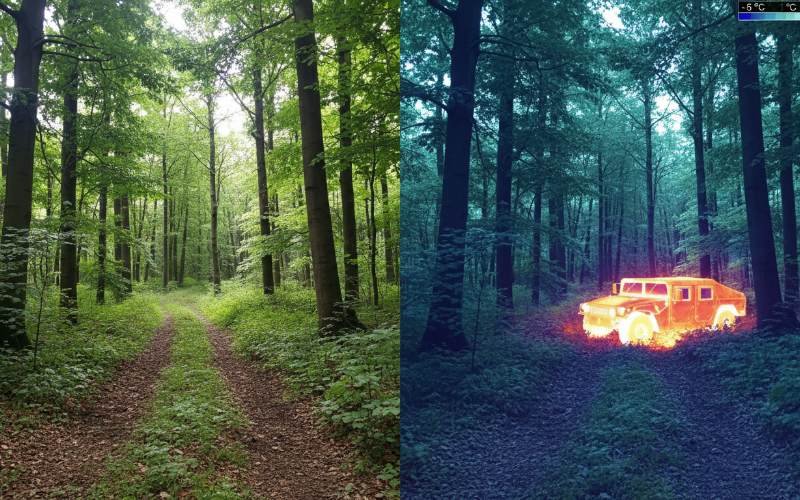 Side-by-side technical comparison of Cooled MWIR imagery versus Uncooled LWIR imagery highlighting resolution differences