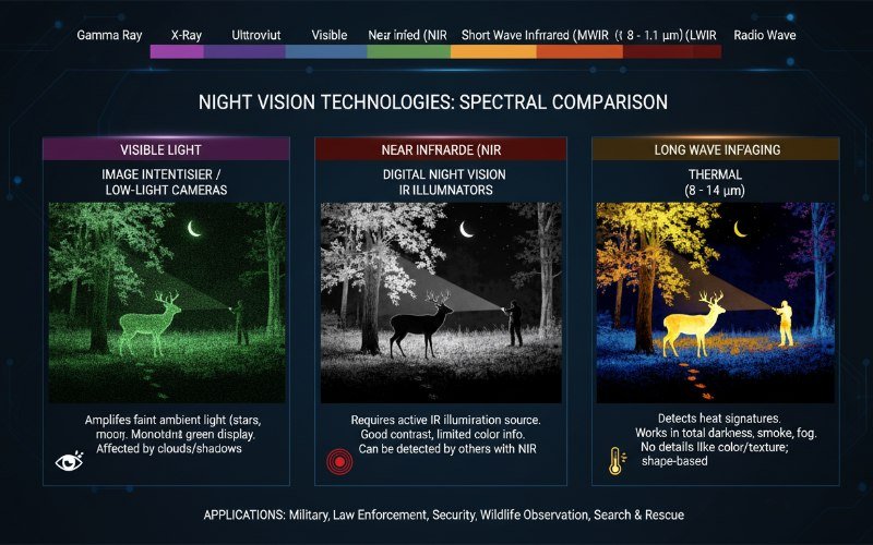 Electromagnetic spectrum chart comparing Visible Light, Near Infrared, and Long Wave Infrared bands for night vision