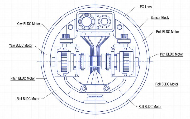 Cross-section diagram of a 3-axis EO/IR gimbal payload showing sensor placement and gyro stabilization motors