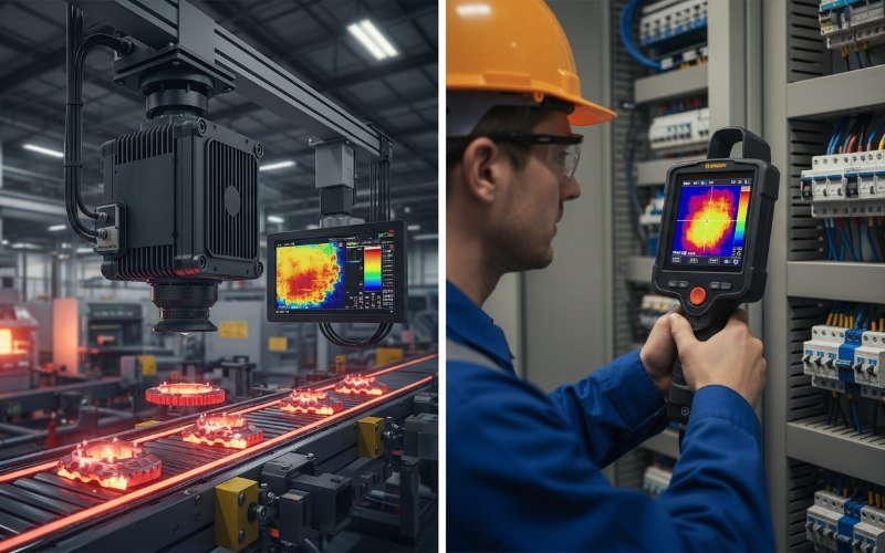Side-by-side comparison of a fixed mount thermal camera on a production line versus a technician using a handheld thermal imager