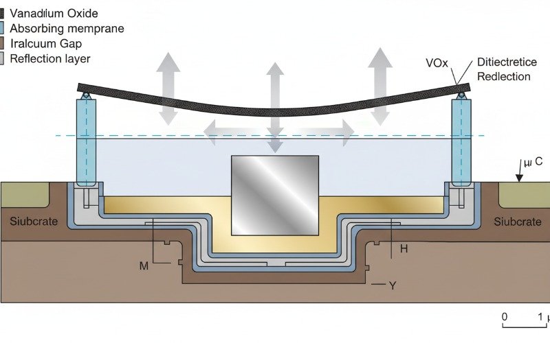 Cross section diagram of a VOx microbolometer focal plane array showing pixel pitch and absorber structure