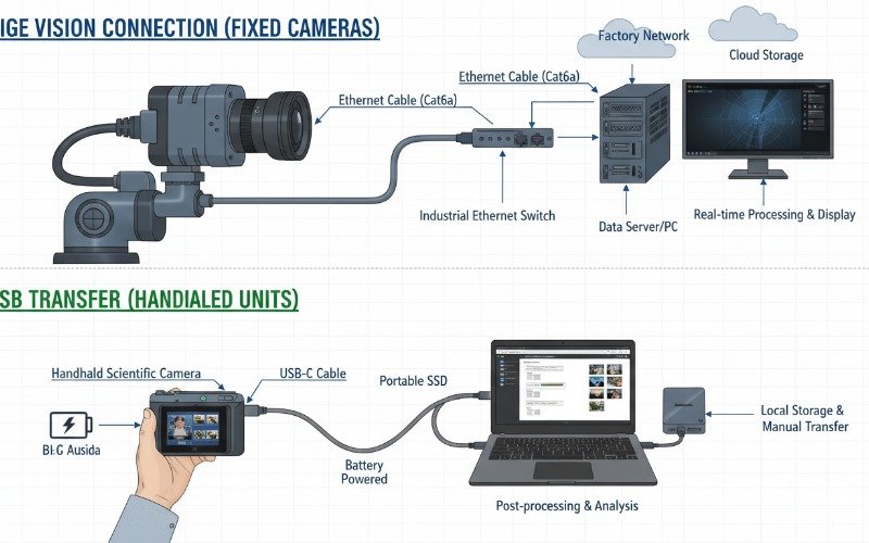 Diagram showing GigE Vision connection for fixed cameras versus USB transfer for handheld units