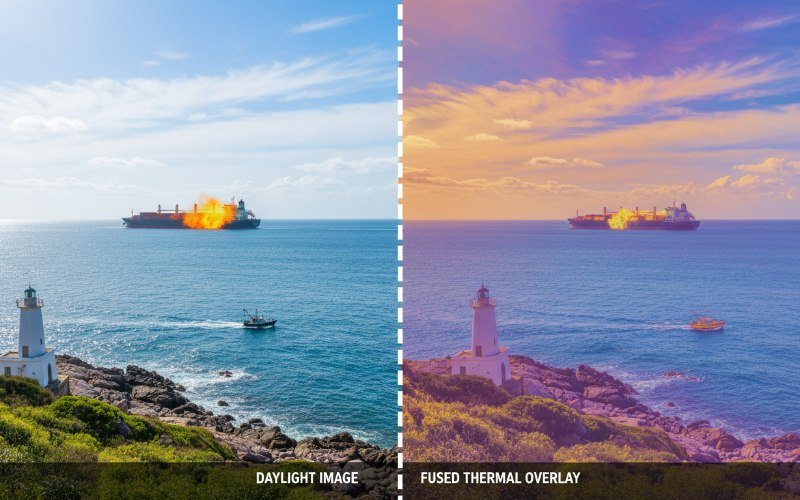 Comparison of standard thermal image versus fused EO/IR image showing enhanced detail