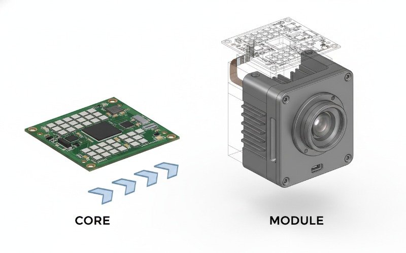 Exploded view diagram comparing a raw VOx thermal core against a fully integrated thermal module with lens assembly