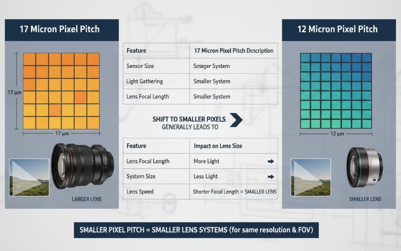 Diagram of a VOx microbolometer focal plane array highlighting pixel pitch and ROIC integration