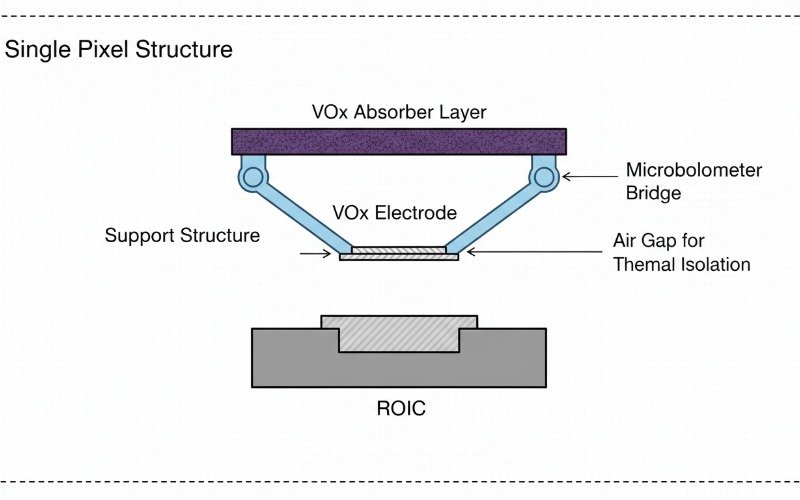 Diagram of a VOx Uncooled Microbolometer pixel structure showing ROIC and absorber layers