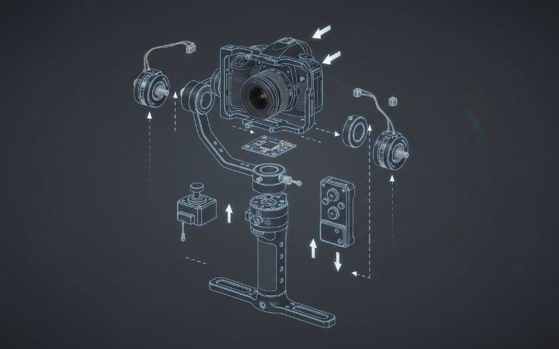 Exploded view of a 3-axis gimbal showing IMU and brushless motors