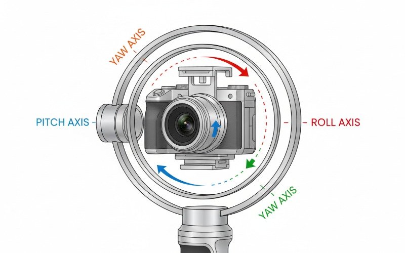 Technical illustration of pitch roll and yaw axes in a gimbal system