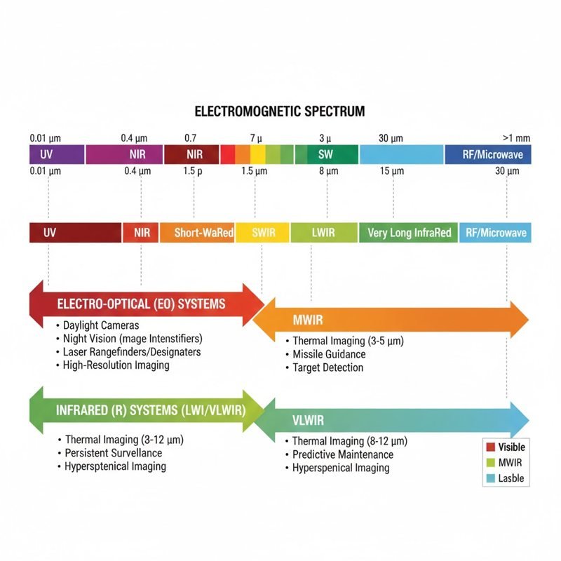 Diagram showing the electromagnetic spectrum ranges used in EO IR systems