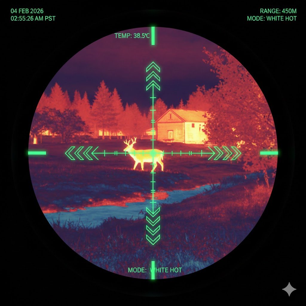 Digital reticle overlay on a thermal scope display showing thermal gradients