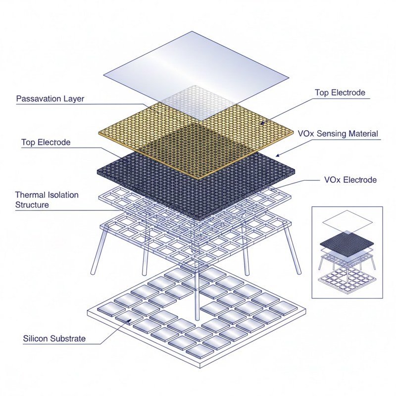 Exploded view diagram of a VOx microbolometer pixel structure