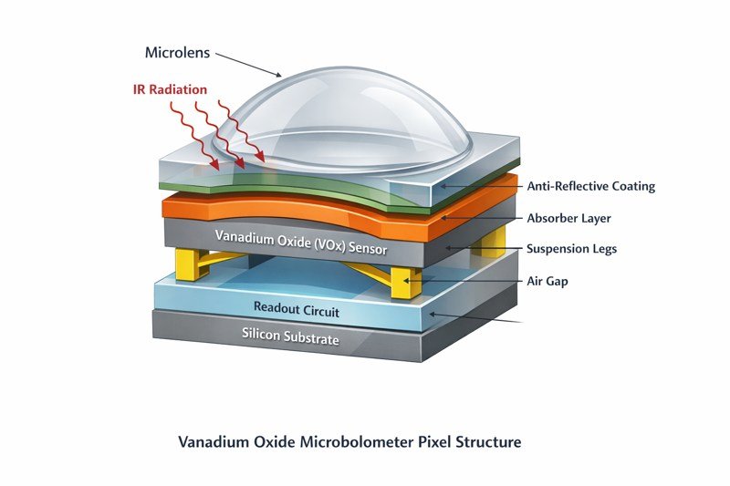 Diagram showing the structure of a Vanadium Oxide microbolometer pixel for thermal imaging