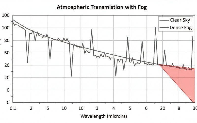 Graph showing atmospheric transmission windows comparing visible light versus SWIR MWIR and LWIR