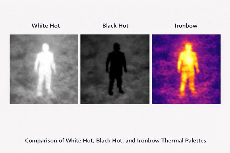 Comparison of White Hot, Black Hot, and Ironbow thermal palettes