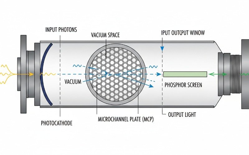 Cross section diagram of an Image Intensifier Tube showing photocathode MCP and phosphor screen layers