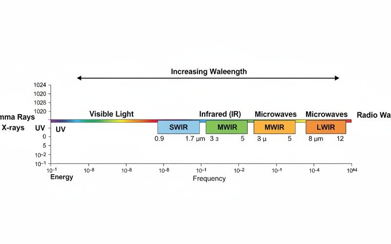 Chart showing the electromagnetic spectrum highlighting SWIR MWIR and LWIR bands