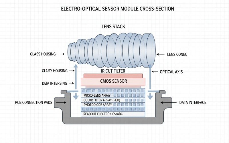 Diagram of electro-optical sensor internal architecture showing CMOS sensor and lens assembly