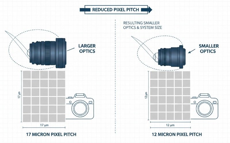 Diagram comparing 17um vs 12um pixel pitch size reduction effects on optics