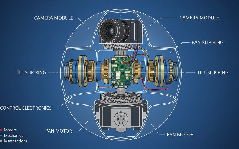 Diagram showing internal geared motors and slip rings of a PTZ camera system