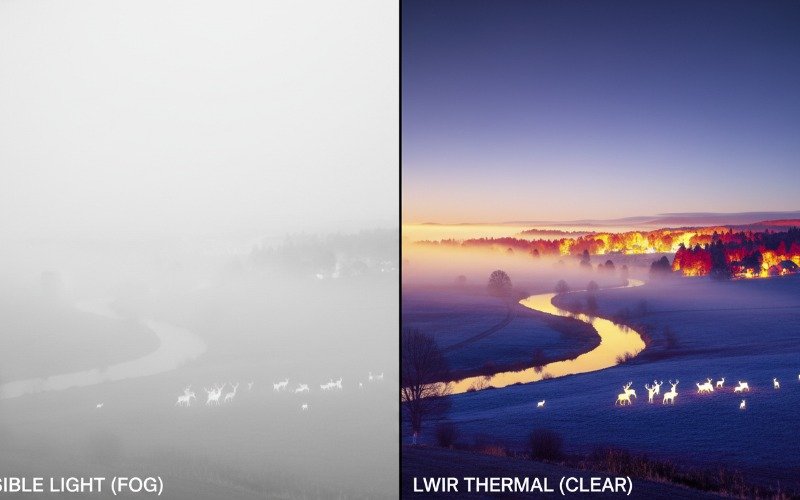 Split screen comparison showing standard view vs fused thermal overlay view