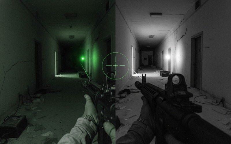 Chart showing tactical advantages of different phosphor types in urban vs rural settings