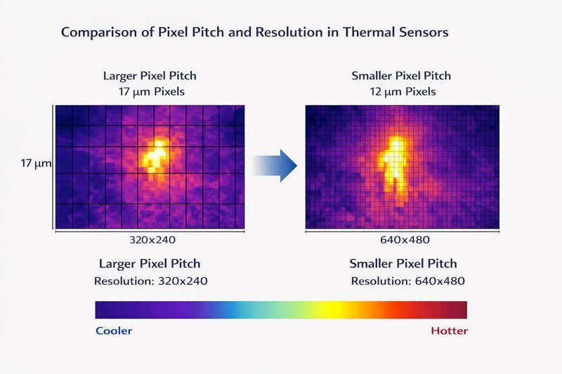 Comparison of pixel pitch and resolution in thermal sensors