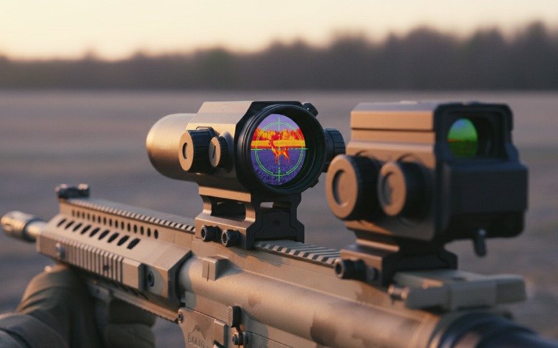 View through a thermal sight showing digital crosshairs and target
