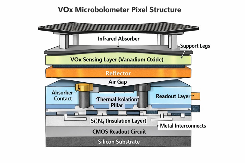 Technical diagram of a VOx microbolometer pixel structure