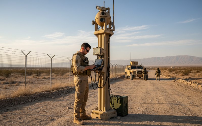Field engineer optimizing an EO/IR tactical mast at the border