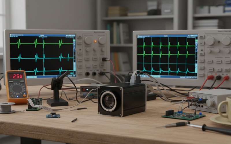 Infrared thermal imaging module on an engineer's workbench surrounded by testing equipment
