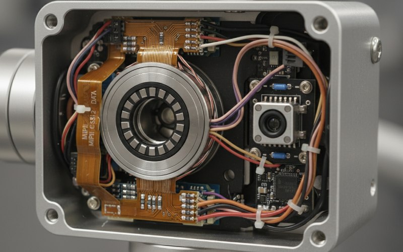 Close-up view of electrical wiring and slip ring inside a UAV gimbal