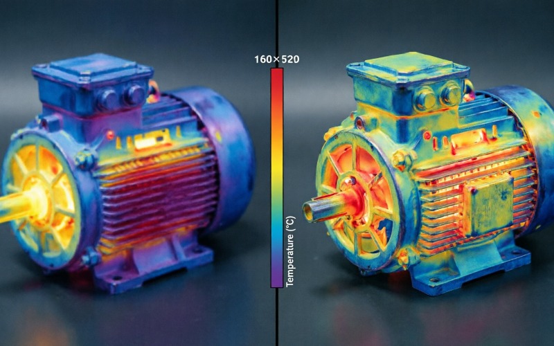 Technician using a high-resolution handheld thermal camera on an electrical motor