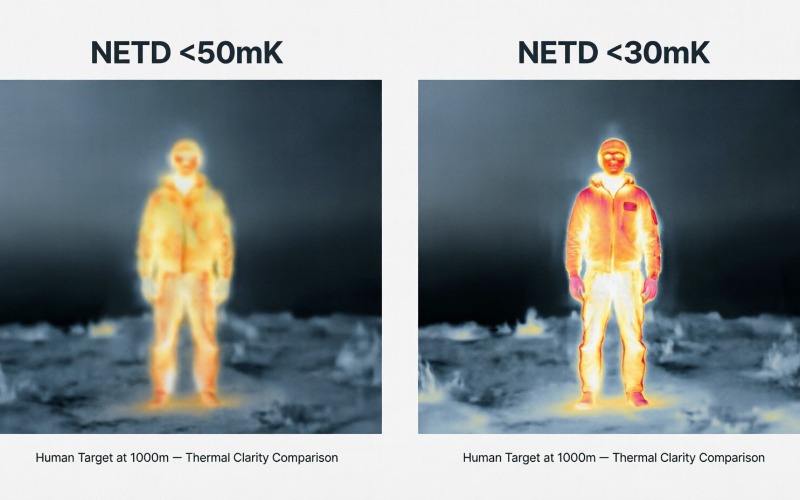 Thermal image comparison showing high vs low NETD sensitivity for human detection
