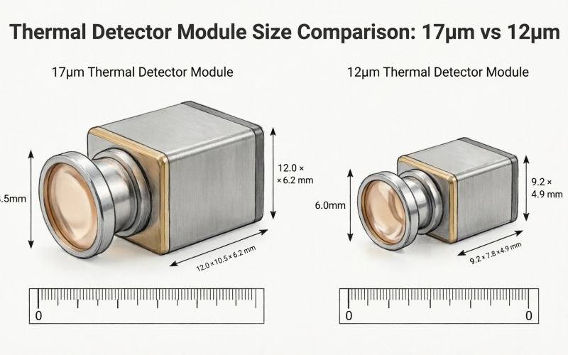 Side-by-side comparison of a traditional ceramic package and a modern wafer-level package thermal detector