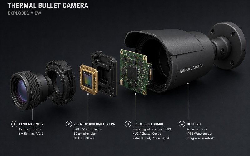 Thermal bullet camera mounted on a pole overlooking a fenced perimeter at dusk