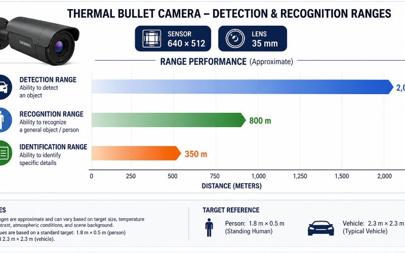 Thermal bullet camera mounted on a pole with sun shield, showing cable connections and finned heatsink housing.