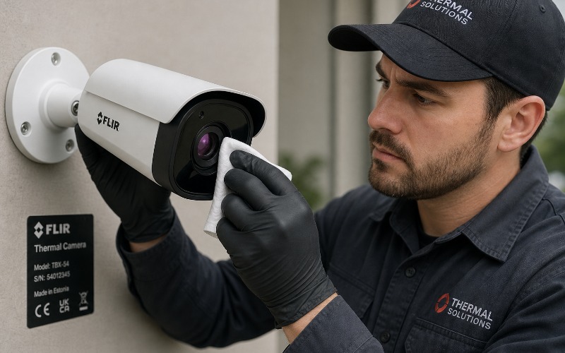 Thermal bullet camera mounted on a pole overlooking a fence line next to a thermal dome camera installed on a ceiling bracket